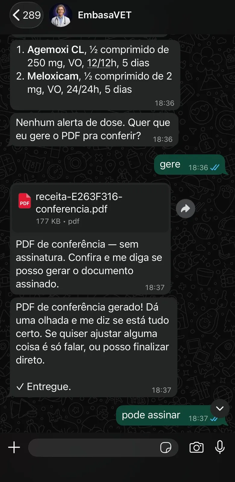 Conversa real no WhatsApp: receita gerada e assinada digitalmente pelo EmbasaVET
