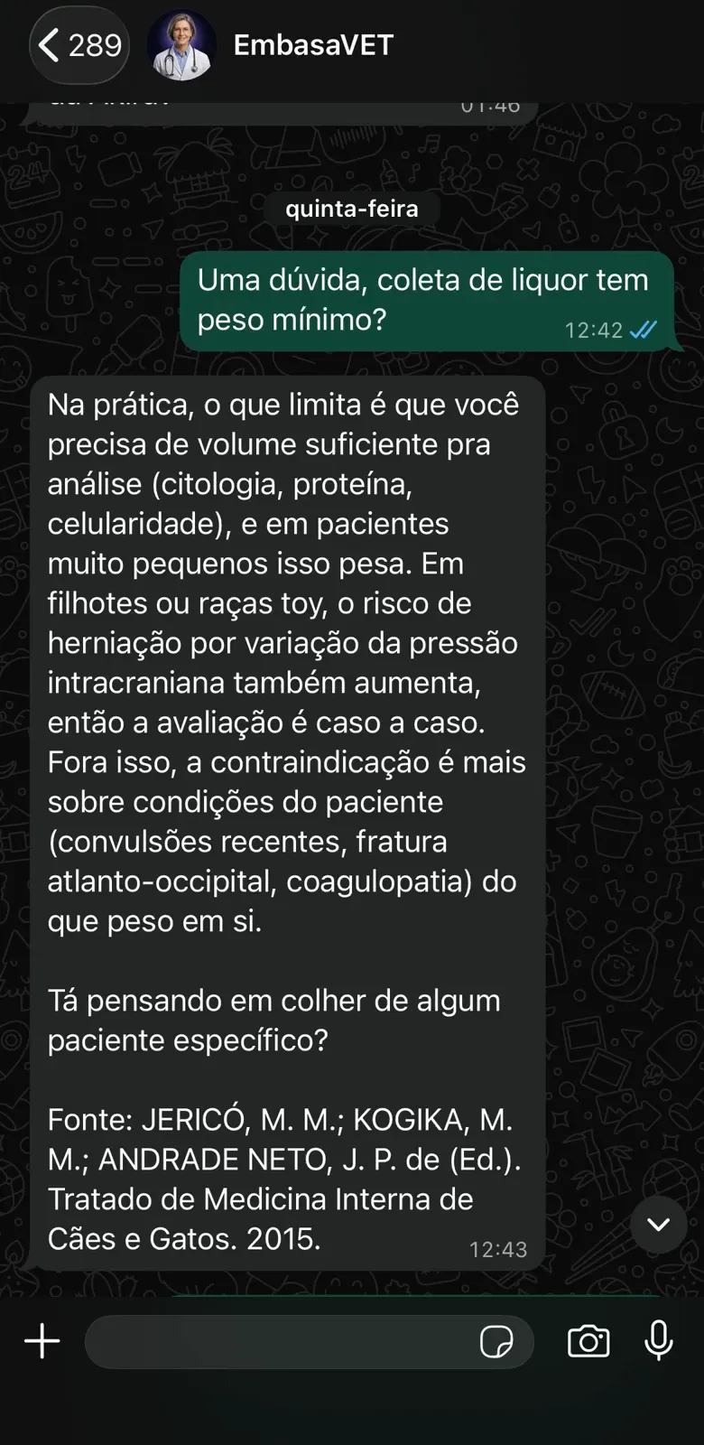 Conversa real no WhatsApp: resposta do EmbasaVET com fontes citadas da literatura
