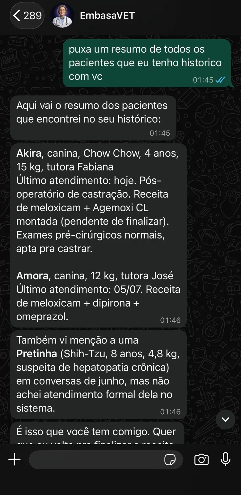 Conversa real no WhatsApp: EmbasaVET resume o histórico de pacientes do veterinário